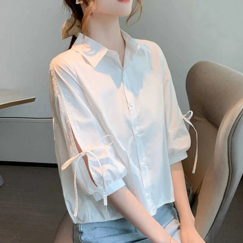 白衬衫女春秋新款韩版设计感小众上衣时尚宽松百搭七分灯笼袖衬衣