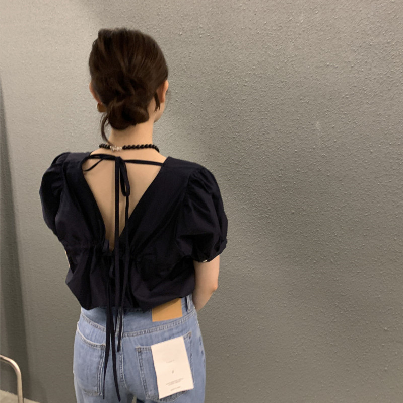 韩国chic夏季新款法式气质时尚休闲别致小心机后背系带衬衫上衣女