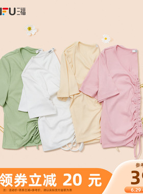 三福T恤2022夏季新款女装甜美纯色抽绳设计感V领修身短款上衣短袖