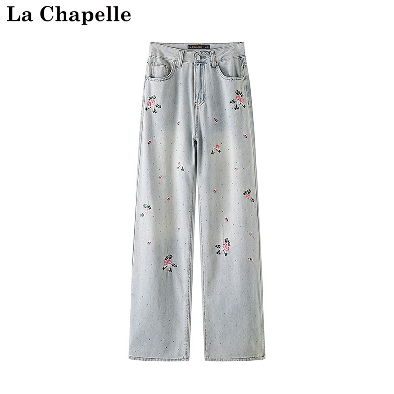 拉夏贝尔/La Chapelle春新款新中式国风刺绣显瘦直筒百搭休闲长裤