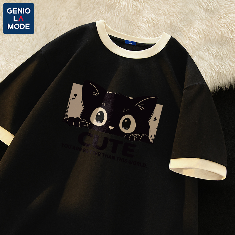 Genio Lamode短袖t恤男2024新款夏季日系猫咪宽松半袖假两件体恤