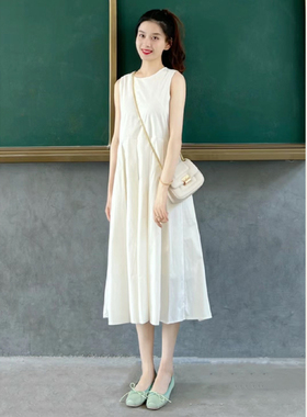法式白色连衣裙女夏季新款茶歇小个子无袖背心裙气质显瘦中长裙子