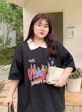YUZI鱼子短袖T恤大码女装夏微胖mm妹显瘦遮肉200斤polo领印花学院