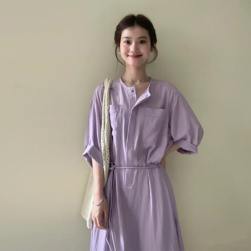 高级感紫色衬衫连衣裙女夏季小众温柔风慵懒风宽松显瘦气质长裙