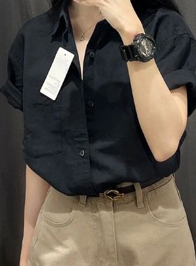 纯棉黑色短袖衬衫女夏季新款韩版日系高级感气质简约百搭T恤上衣