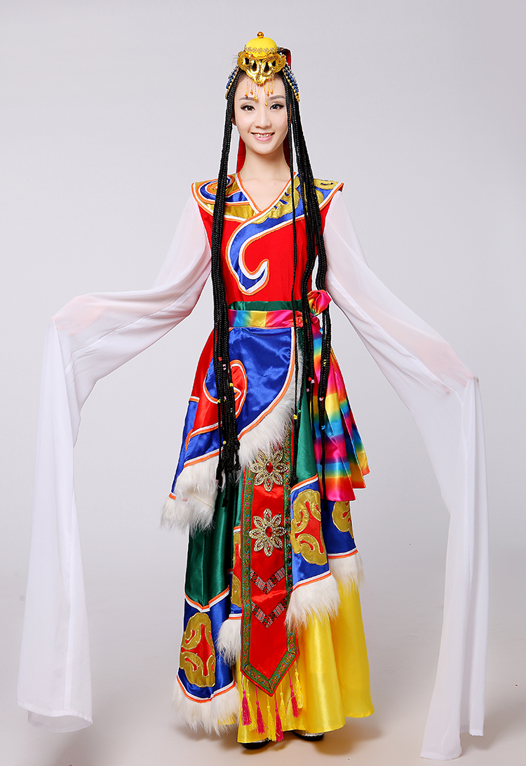 新款民族舞蹈服水袖藏族舞蹈演出服装藏袍西藏舞服水袖表演服饰女