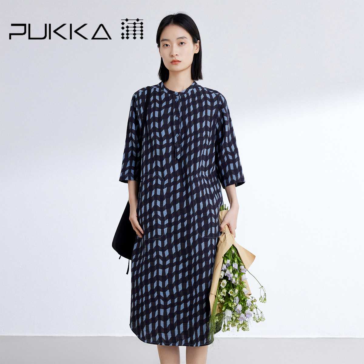 蒲PUKKA 2024春夏新品定制双面提花纯棉面料H型显瘦连衣裙