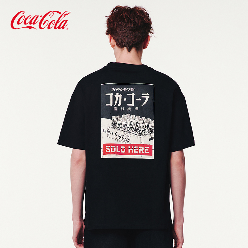 Coca-Cola/可口可乐 短袖T恤男美式复古字母发泡印花落肩上衣半袖