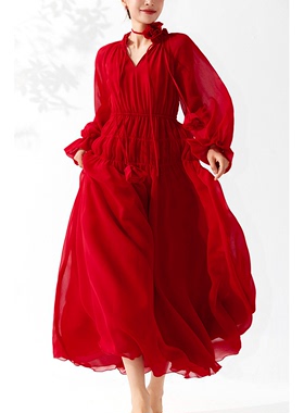 美妃红色洋气减龄长袖法式气质长款连衣裙女夏2023新款长裙红裙