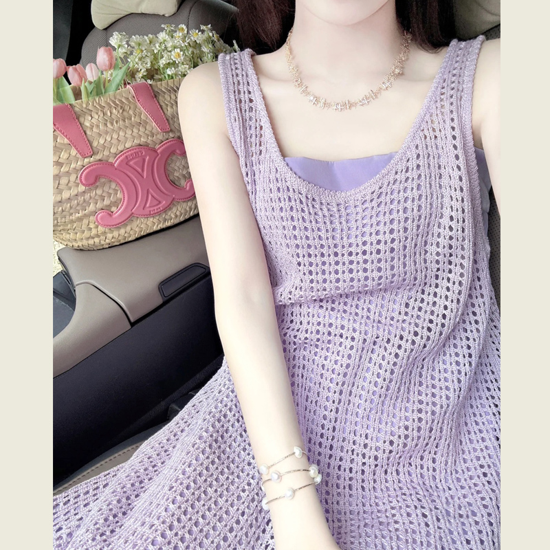 法式气质高级感紫色镂空针织背心连衣裙女夏小个子宽松显瘦吊带裙