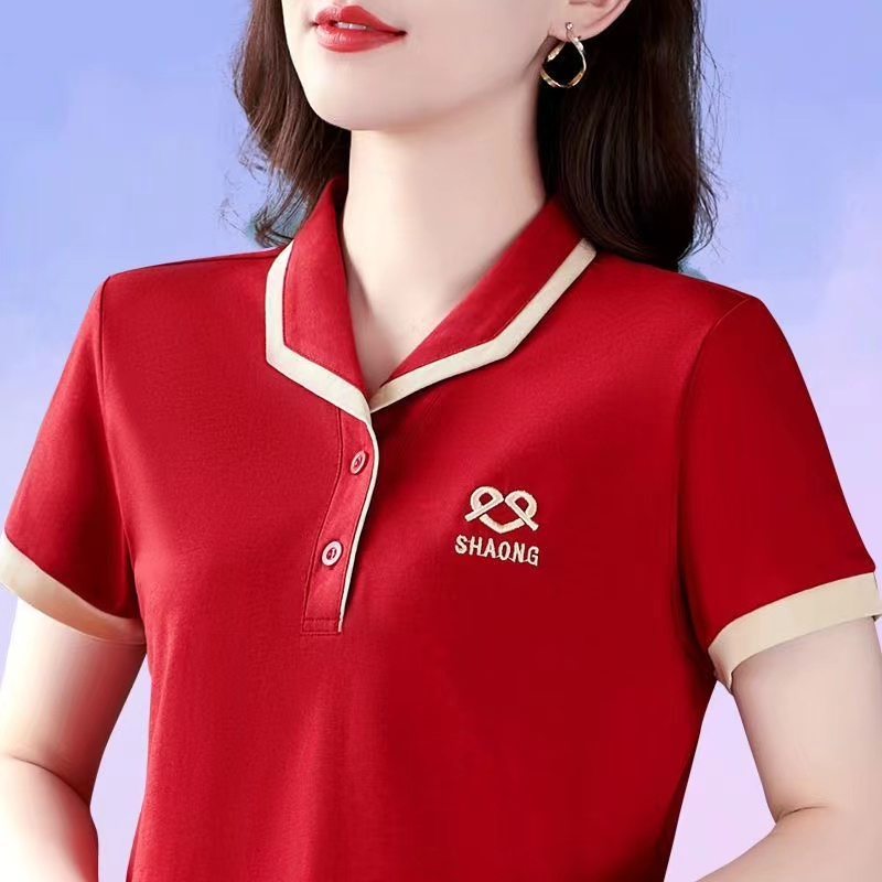 中年妈妈夏装新款POLO领短袖T恤红色上衣显瘦气质百搭休闲运动服