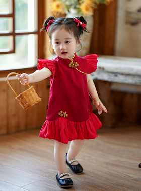 女童夏季汉服儿童唐装公主裙国风中式抓周红色旗袍周岁女宝宝礼服