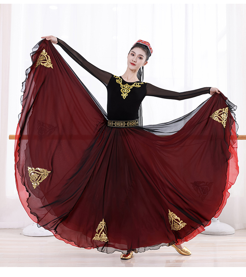 新款新疆舞蹈练习裙套维族舞艺考演出服装维吾尔族服饰双层大摆裙