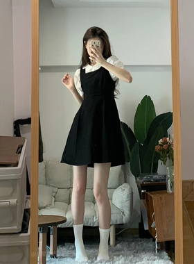 黑色小个子连衣裙女夏季2023新款泡泡袖日系甜美衬衫背带裙套装