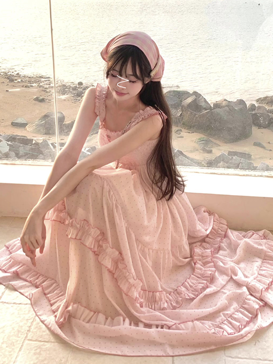 SOLENELARA2024新款韩版减龄打揽花边波点吊带连衣裙女夏季时尚甜