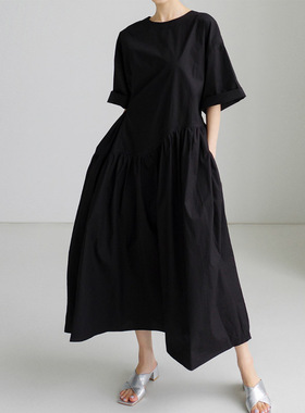 暗黑系连衣裙女韩版中长款过膝不规则拼接A字裙夏季新款系带长裙