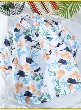 新款花衬衫短袖男士宽松学生潮流花衬衣情侣沙滩外套薄夏威夷夏季