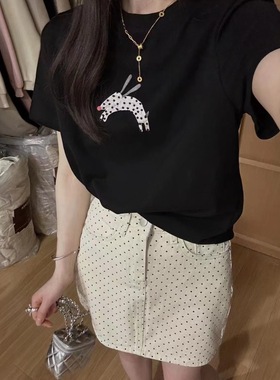 韩系2024夏季新款可爱兔子涂鸦印花钉珠短袖T恤女百搭洋气上衣潮
