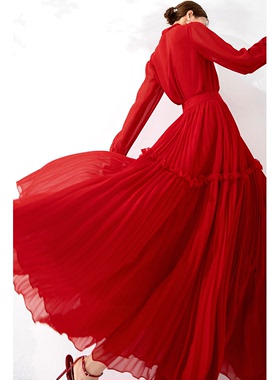 美妃红色气质裙子垂坠感百褶半身裙女2023春夏新款长款设计感小众