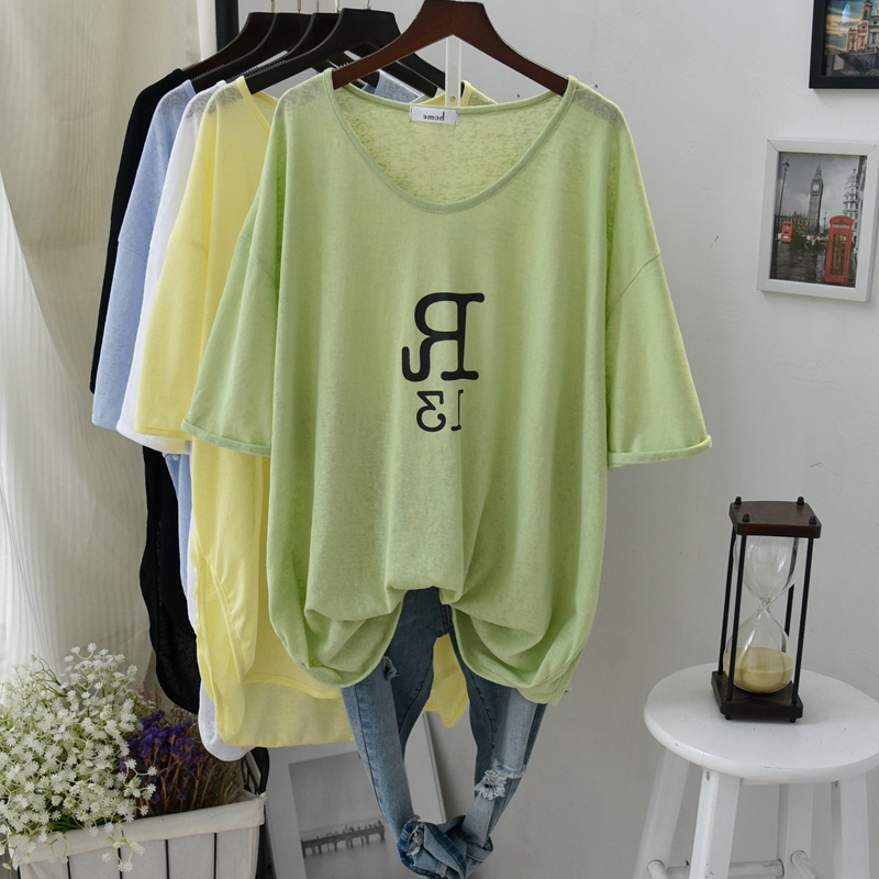 韩版冰丝薄款T恤衫女夏季加大码2-300斤显瘦宽松字母印花短袖上衣