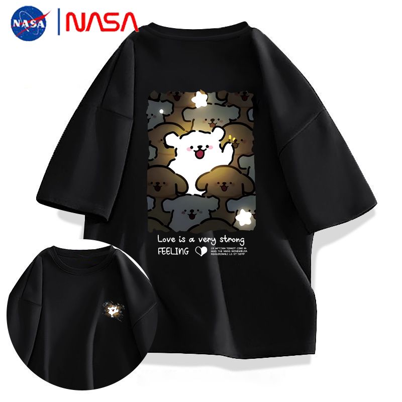 NASA联名线条小狗短袖T恤男女卡通萌宠趣味夏季重磅纯棉情侣上衣