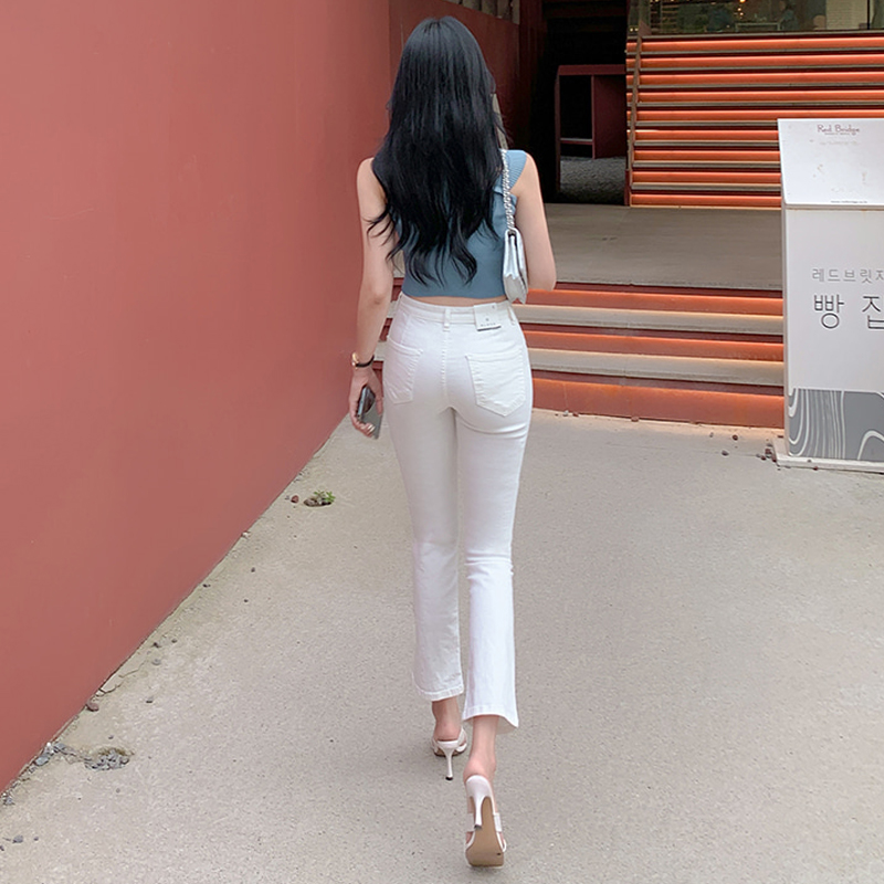 米白色微喇牛仔裤女春秋2023年新款小个子高腰弹力显瘦九分喇叭裤