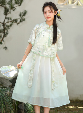 少女新中式民国风初中学生改良旗袍连衣裙汉服套装大童夏季公主裙