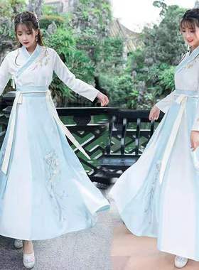 中国风改良传统日常汉服套装女夏古装绣花交领齐腰襦裙学生演出服