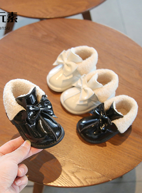 秋冬季宝宝棉鞋一2岁女小童高帮小皮鞋加绒保暖婴儿鞋软底学步鞋3
