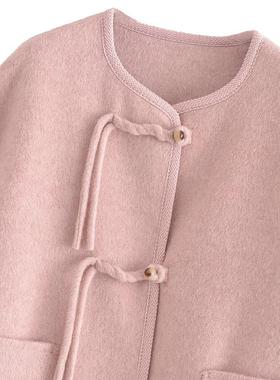 新中式女装秋冬款国风双面羊绒大衣短款大码盘扣粉色毛呢外套加厚