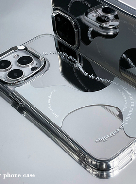 设计师原创适用iphone15promax镜面高级感手机壳苹果13pro情侣12小众14pro防摔硬壳12promax带镜子简约15银色