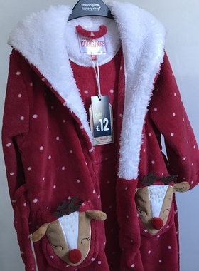 外贸单秋冬女童红色圣诞带帽造型好品质家居服儿童珊瑚绒睡袍浴袍