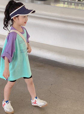 韩国女童短袖套装2024夏装新款儿童中长款女孩夏季纯棉短裤两件套