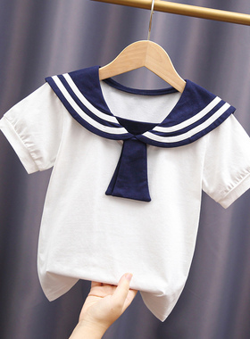女童短袖T恤纯棉中大童学院风夏季2022儿童夏装白色海军领上衣潮9