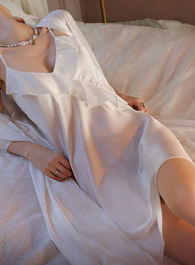 睡衣女性感高级感夏季真丝吊带睡裙100%桑蚕丝睡袍白色诱惑两件套