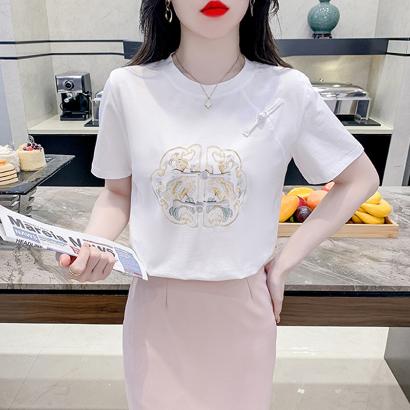 新中式国风大码女装2024新款夏季印花纯棉短袖t恤女高档国风上衣