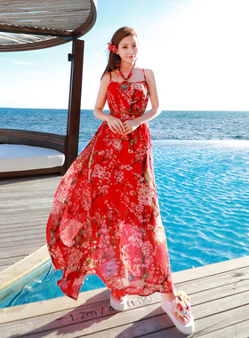 沙滩裙新款女装海南三亚泰国度假旅行连衣裙大码雪纺吊带碎花长裙