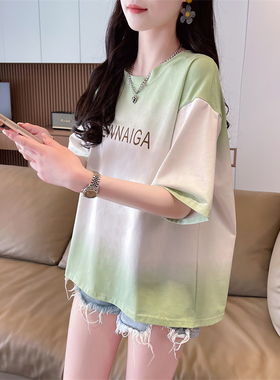 小个子短袖t恤女夏季2024新款韩版宽松大码女装百搭半袖扎染上衣