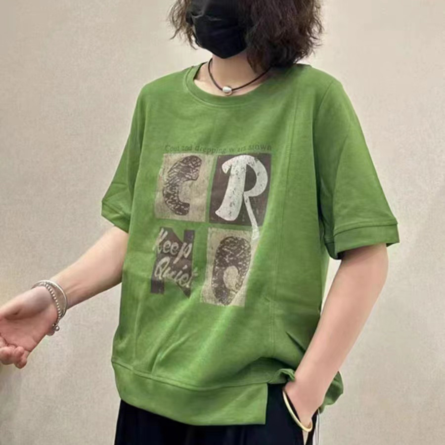 2024夏季韩版宽松短袖女减龄印花字母落肩袖棉质休闲T恤上衣