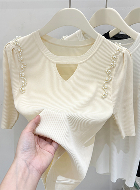 大码女装小心机短袖T恤女夏季时尚钉珠上衣冰丝法式设计感小衫潮