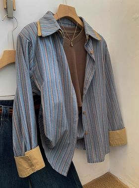 条纹长袖衬衫男女春秋季设计感小众秋装上衣法式高级感衬衣外套潮