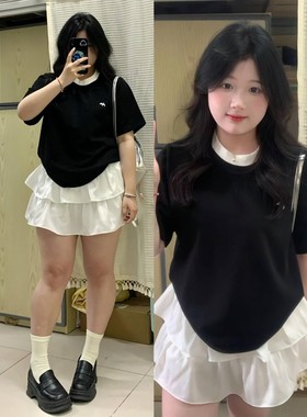 微胖女生韩系减龄套装夏季撞色短袖T恤上衣搭配蛋糕短裙两件套潮