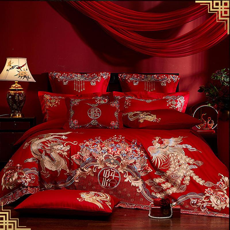 高档纯棉刺绣结婚四件套婚庆大红高档婚房龙凤喜被十件套床上用品