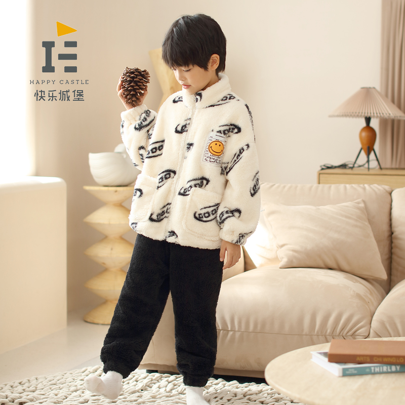 快乐城堡儿童珊瑚绒睡衣冬季中领加绒加厚男童家居服运动两件套装