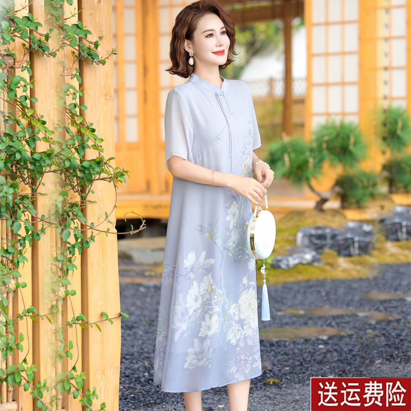 时尚妈妈夏装新中式国风连衣裙高端雪纺遮肚中老年改良旗袍裙子女