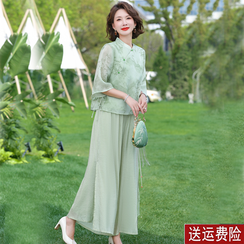 中年妈妈夏装新中式国风套装2024新款洋气中老年女装上衣服两件套