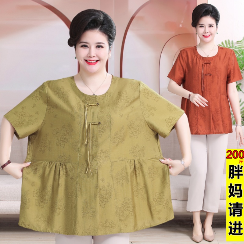 新中式妈妈夏装短袖棉麻衬衫洋气上衣2024新款中老年母亲节T恤衫