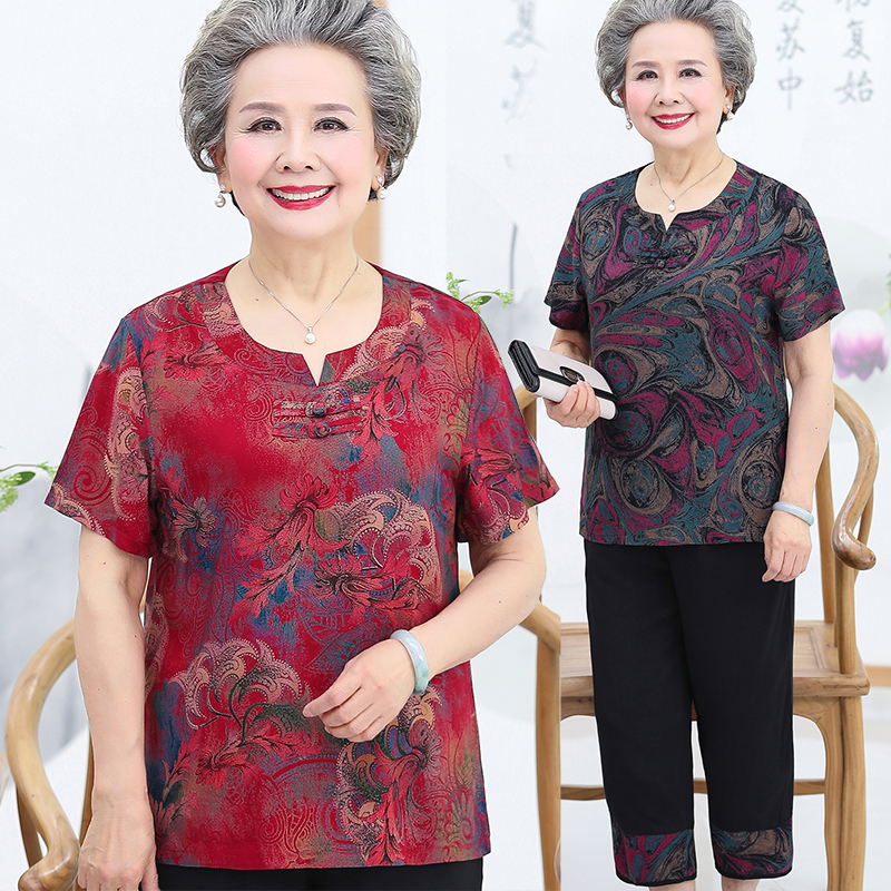 老太太夏装奶奶装棉绸套装老年人短袖T恤女老人衣服装夏天70-80岁