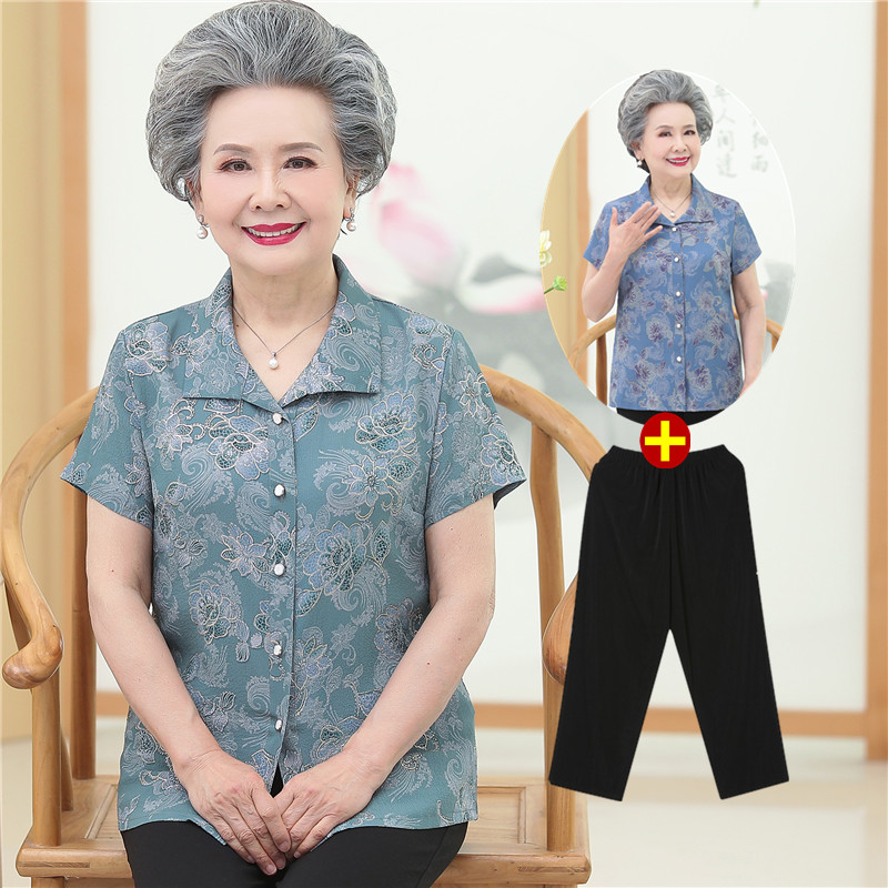 奶奶装夏装衬衫中老年人女装短袖上衣60-70-80岁老人衣服太太套装