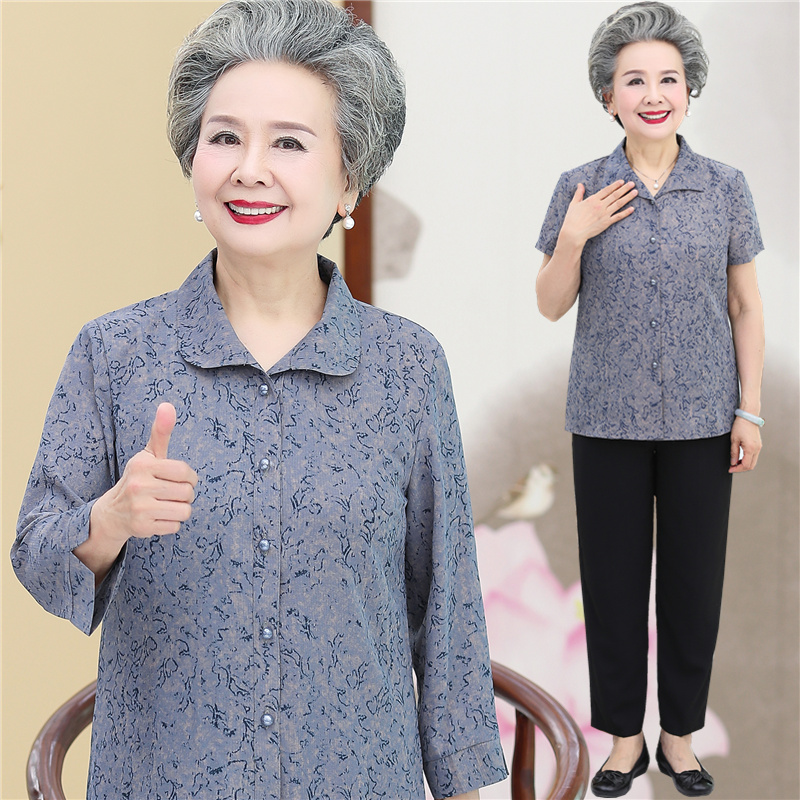 奶奶春装中袖衬衫60-70岁老人衬衣夏季短袖套装老年妈妈装女上衣
